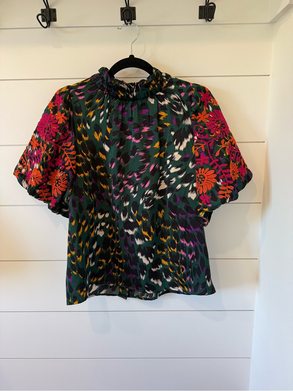THML Hunter Green Print Mock Frill Neck Embroidered Sleeve Top - Picture 5 of 12